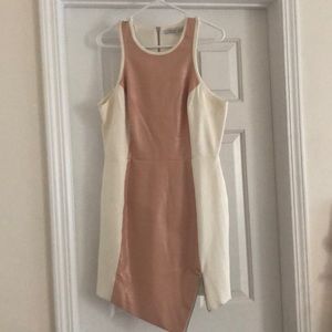 Asymmetrical pink leather & white dress.